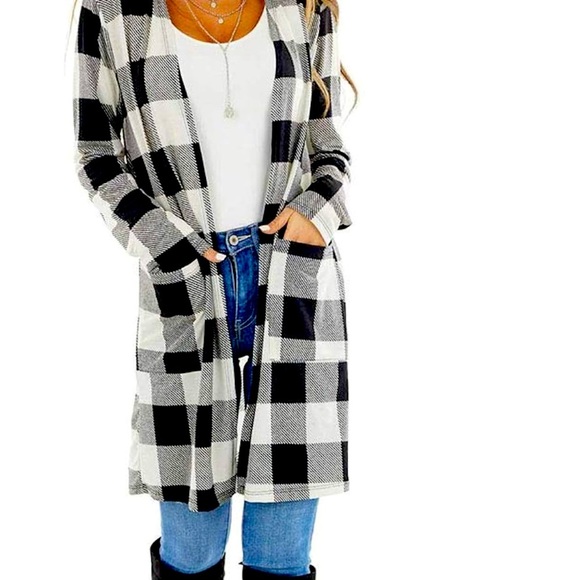 Buffalo Plaid Open Front Cardigan Sweater with front pockets - Black/White, XXL - Picture 2 of 7